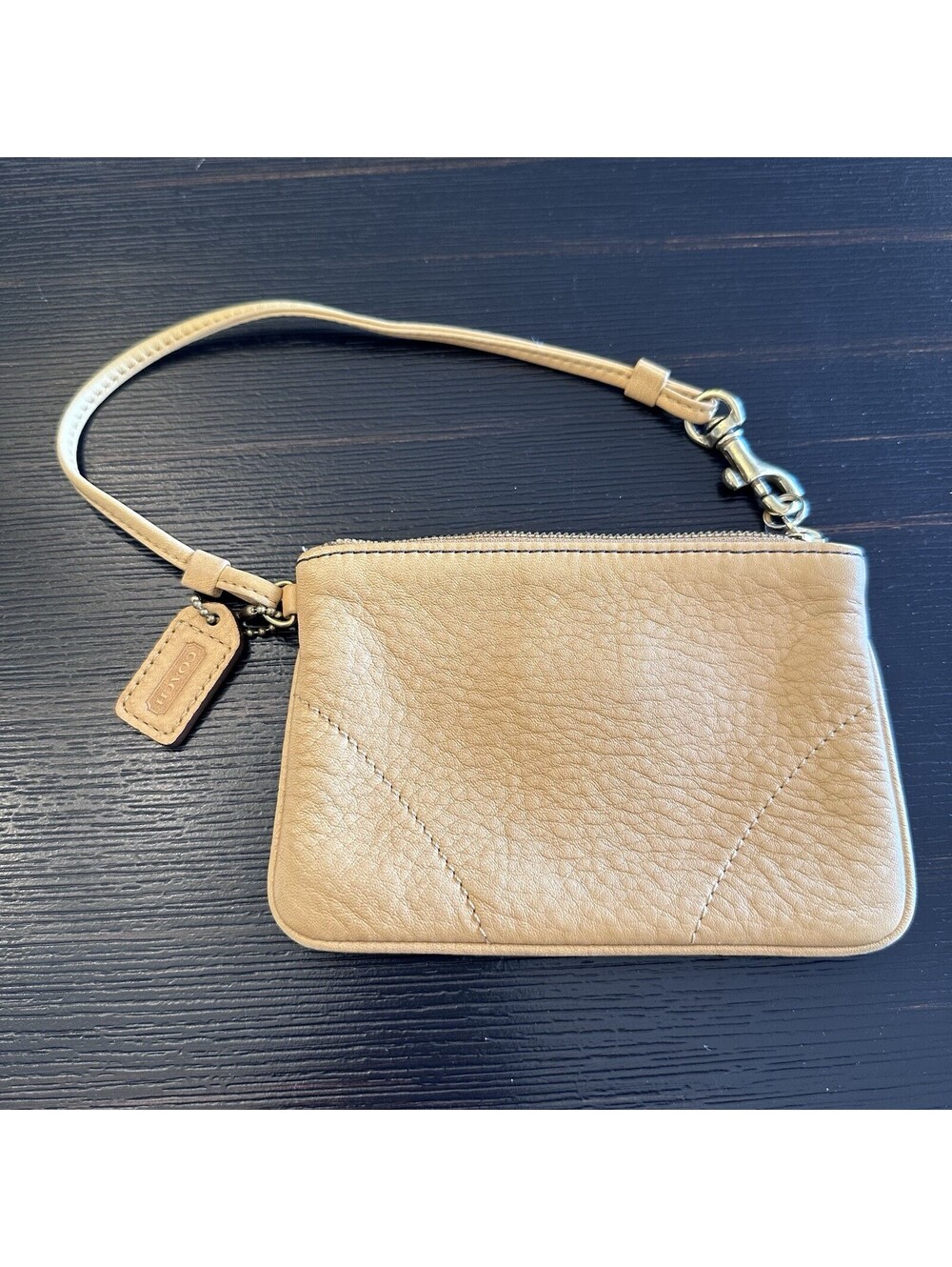 Vintage Coach Leather Zip Pouch Wristlet Tan Color With Logo Lining VGC
